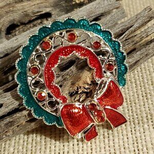 Christmas Wreath Red and Green Crystal Enamel Sweater Pin Brooch
